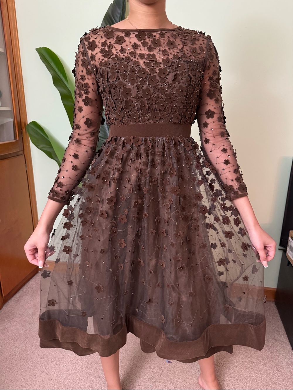 Mac Duggal Brown Embellished Velvet Trim A-Line Midi Dress | Size 2 | NWOT - Picture 5 of 14